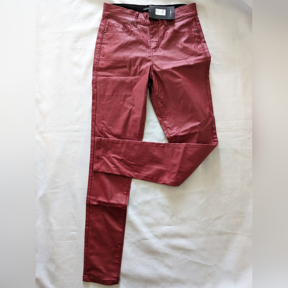 NWT Fashion Nova Leather Look Dark Red Stretch "She Bad" Jeans - Size 7